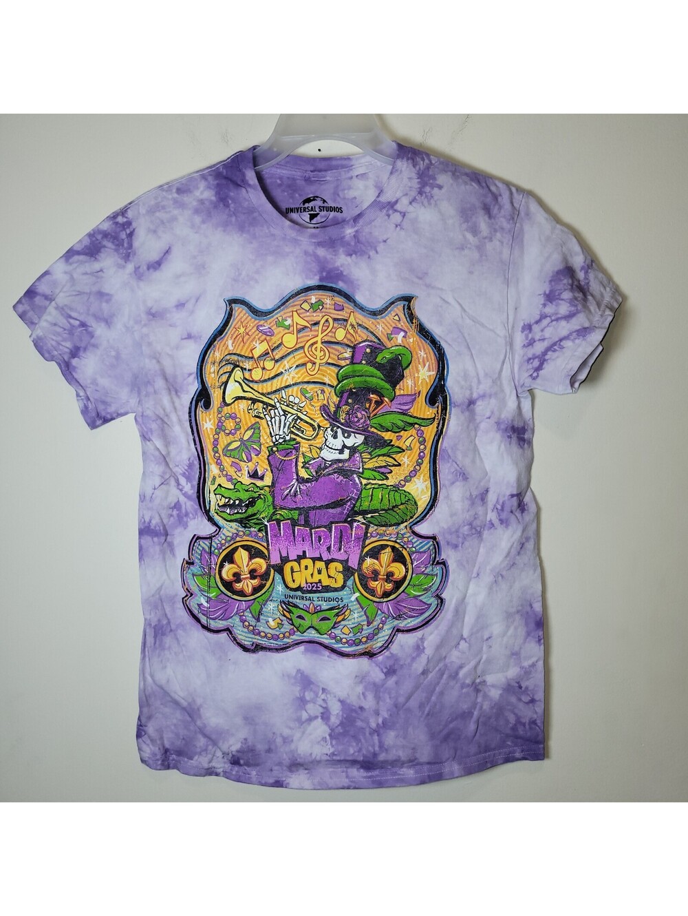 Universal Studios Mardi Gras 2025 Skeleton Trumpet Tie-Dye T-Shirt Men's M